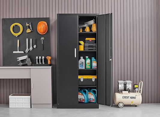 Metal Storage Cabinet with Adjustable Shelves, Garage Storage Cabinets with Doors and Shelves, File Cabinets for Home Office, Kitchen Pantry Cabinet, 71'H, Black