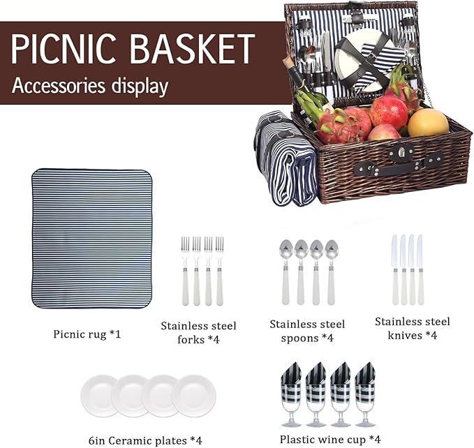 Picnic Basket for 4 Persons with Waterproof Picnic Blanket and Insulated Cooler, Large Wicker Picnic Basket for Camping, Outdoors, Valentine's Day, Christmas, Birthday, Wedding Gift