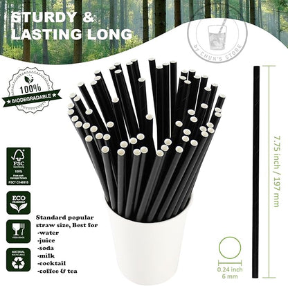 Black Paper Straws 1000 Count - 7.75" x 0.24", 100% Biodegradable & Compostable, Disposable Drinking Straws Bulk - Cocktail, Bars, Restaurants