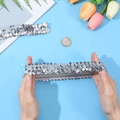2Pcs Silver Sequins Headband for Women - 80s 90s Themed Sparkle Glitter Vintage Hair Accessories for Disco Party Club Concert Women