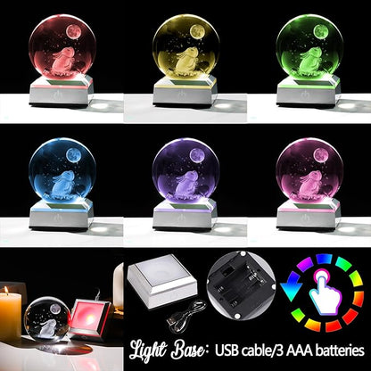 3.15in. Crystal Ball Engraved 3D Rabbit and Moon Stars Figurine Paperweght with LED Light Base, Glass Bunny Sphere Decor Birthday Easter Gifts for Women Boys Girls