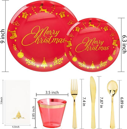 Ciaell 175 Pieces Christmas Plastic Plates - Red and Gold Plastic Plates include 25Dinner Plate, 25Dessert Plate, 25Knives, 25Forks, 25Spoons, 25cups, 25 Christmas Napkins for Xmas Party