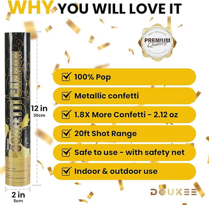 Graduation Confetti Poppers Gold, DOUKEE 2Pack Shiny Gold Mylar Confetti Poppers Cannon Party Shooter for Graduation, New Years Eve, Birthday Party Supplies -12 Inch