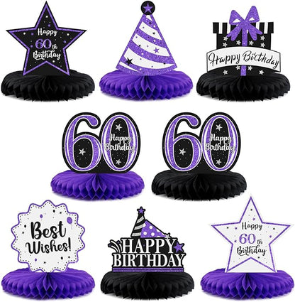 Happy 60th Birthday Decorations,60th Bday Purple Glitter Shiny Stand Honeycomb Table Centerpieces - Cheers to Sixty Years Old Birthday Party Photoprop Gift Sign.