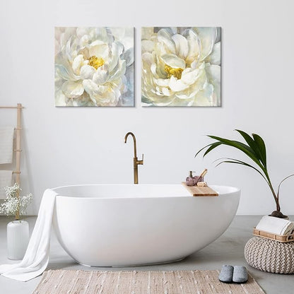 SEVEN WALL ARTS Peony Flower Canvas Wall Art Peonies Floral Pictures Set Abstract White and Yellow Blossom Paintings for Bedroom Living Room Home Office Decor 24"x24"x2pcs