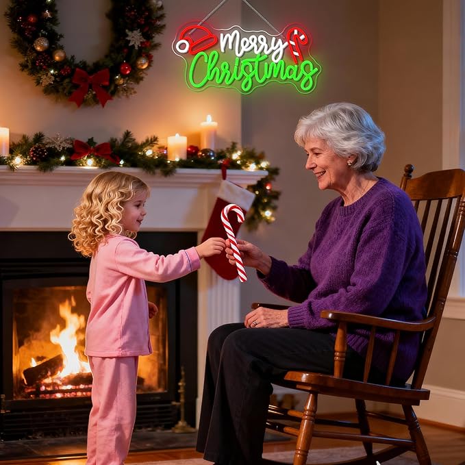 NOSUN Merry Christmas Candy Cane Neon Sign LED Lighted Dimmable Switch Christmas Gift Decorations for Xmas Party Kids Bedroom Bar Pub Club Decor