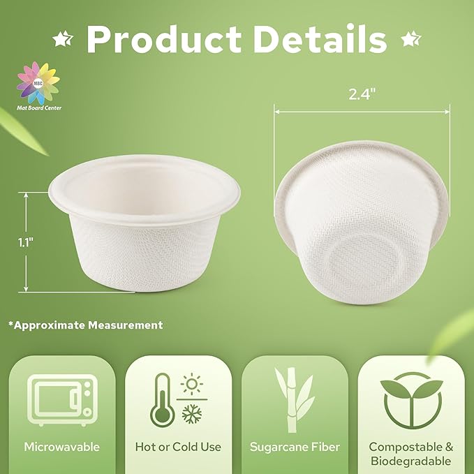 Mat Board Center, 2 oz Bagasse Compostable Cups,Sugarcane Fiber Material, White, 2000-Pack