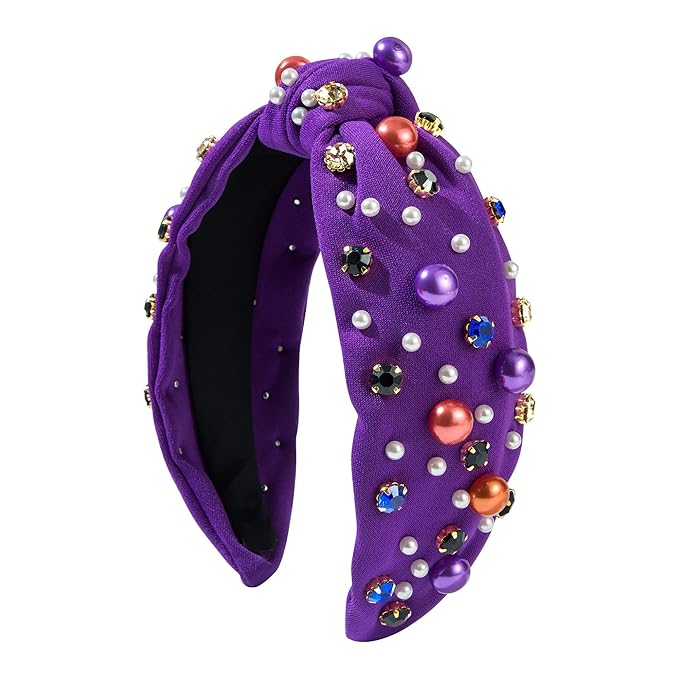 Halloween Pearl Knotted Headband for Women Girls Non Slip Rhinestone Embellished Hair Hoop Halloween Headbands Hair Accessories Gift (Purple)