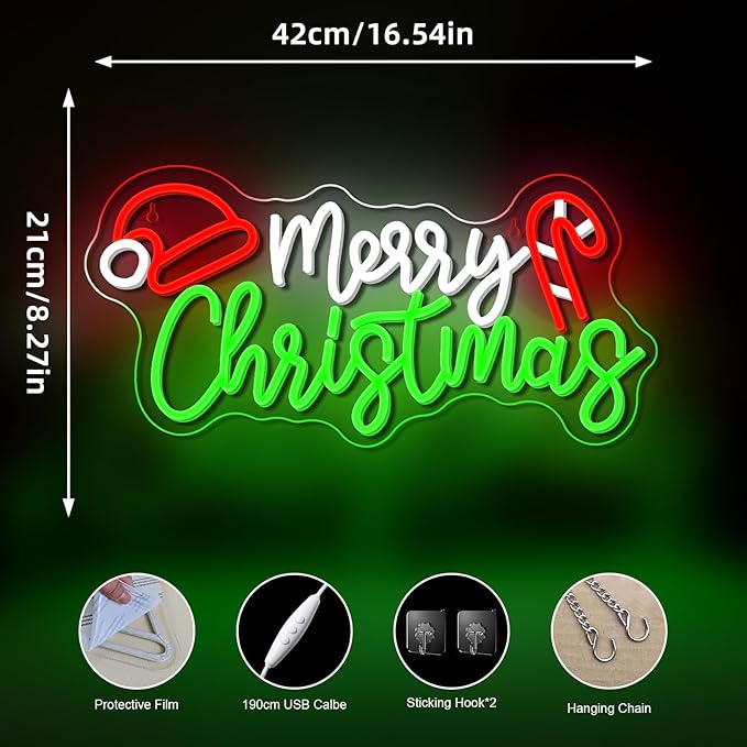 NOSUN Merry Christmas Candy Cane Neon Sign LED Lighted Dimmable Switch Christmas Gift Decorations for Xmas Party Kids Bedroom Bar Pub Club Decor