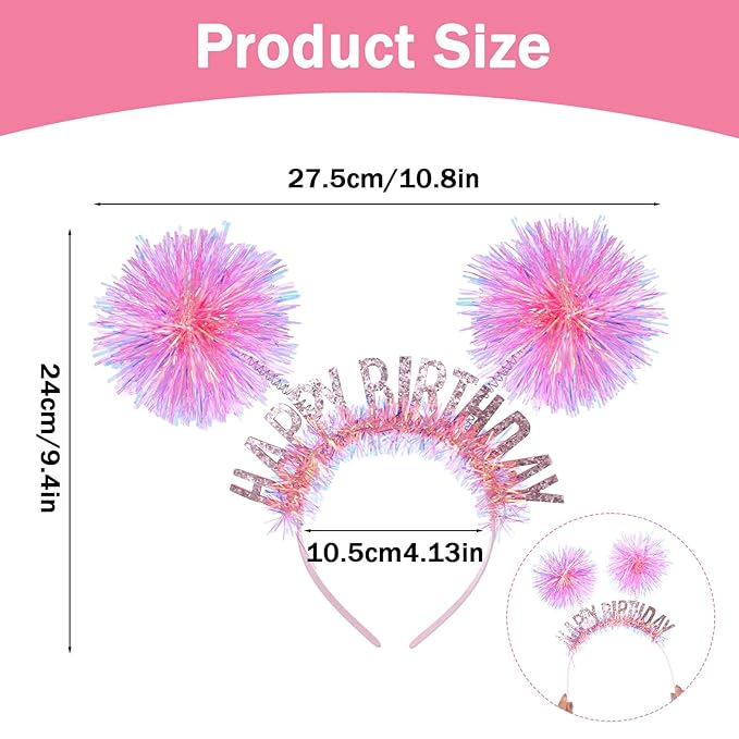 Birthday Crown for Girls and Women, Pom Pom Headband Happy Birthday Tiara Hair Headband Accessories for Adults Kids(Pink)