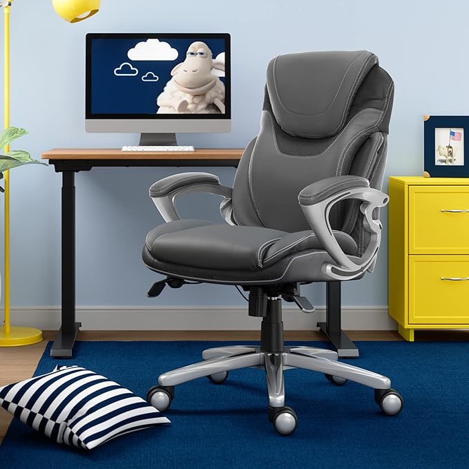 Serta Bryce Executive Office Chair - Ergonomic Computer Desk Chair with Patented AIR Lumbar Technology - Adjustable Height - Memory Foam Body Pillows - 360° Swivel Rolling Base - Bonded Leather - Gray