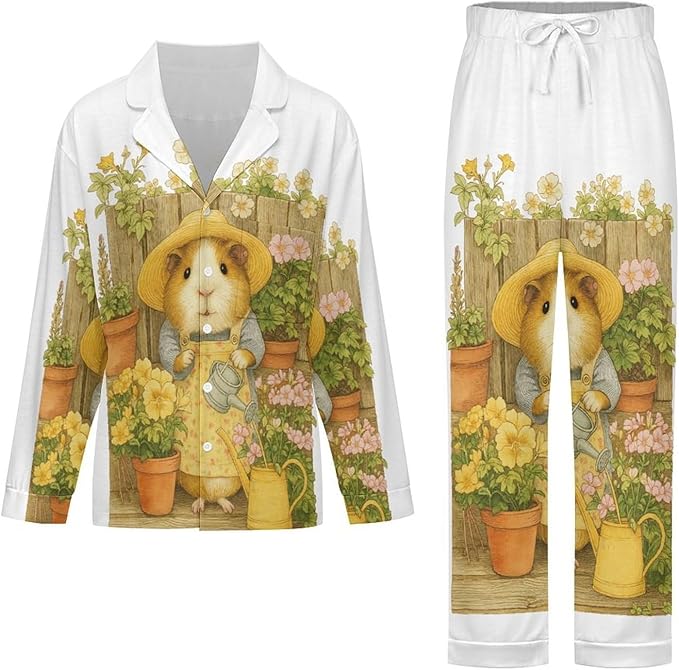 Lemons Leaves Ceramic Style Womens Pajama Set Long Sleeve Pajamas Top And Pants Soft Loungewear Pjs Sets