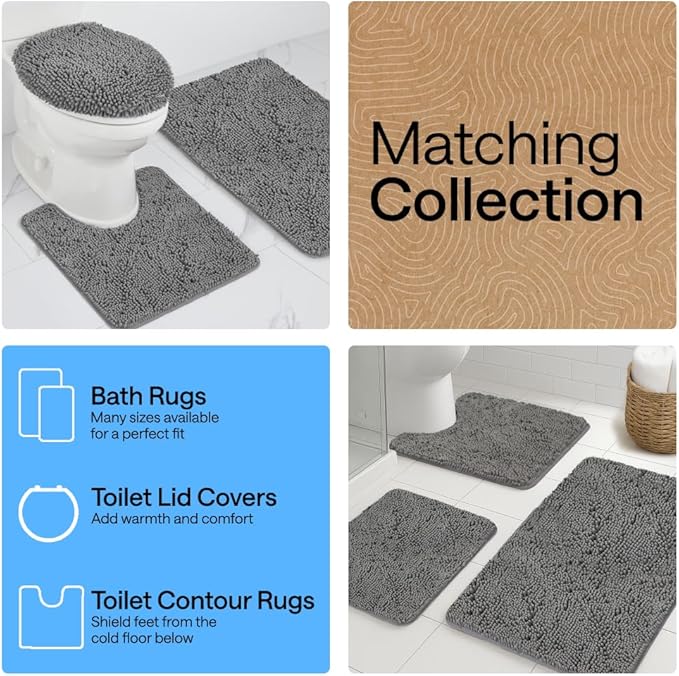 GORILLA GRIP Bathroom Rug Sets, Soft Chenille 2 Piece Area Rugs Set, Toilet Base Mat and 30x20 Carpet, Absorbent Microfiber Washable Mats Dry Quickly, Home Décor and Bath Room Accessories, Grey