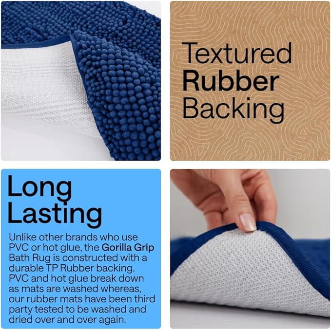 GORILLA GRIP Bath Rug Mat 44x26, Soft Absorbent Chenille, Quick Dry Microfiber Mats, Rubber Backing Washable Shower Floor Rugs, Bathmat Runner, US Designed Bathroom Home Decor Accessories Royal Blue
