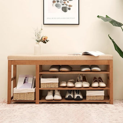Shoe Rack Bench with Cushion 39.4“, Shoe Rack for Front Door Entrance, Shoe Bench with Storage for Entryway Hallway Bedroom Living Room