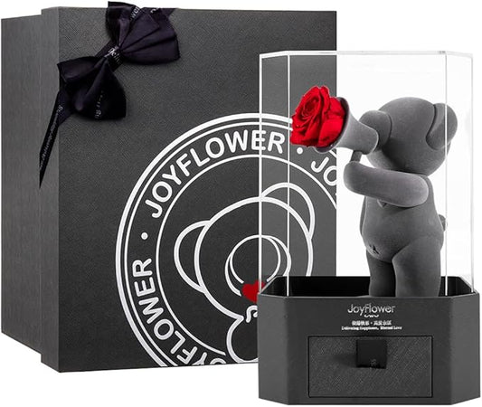 JoyFlower Preserved Flowers with Cute Teddy Bear, Eternal Rose Romantic Gift, Red Rose Bear with Acrylic Cover for Girlfriend Wife Her in Valentine's Day, Birthday, Christmas, Weddings, Anniversary