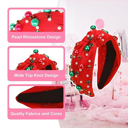 Christmas Headbands for Women, Beaded Pearl Rhinestone Crystal Jeweled Hairband, Festive Headbands for Women, Pearl Hair Accessory, Fashion Elegant Ladies Wide Top Knot Hair Bands. (Green, Medium)