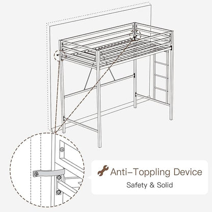 ikalido Metal Loft Bed Twin Size with Safety Guardrail and Ladder, No Box Spring Needed Space Saving Bedroom Furniture, Matte Black