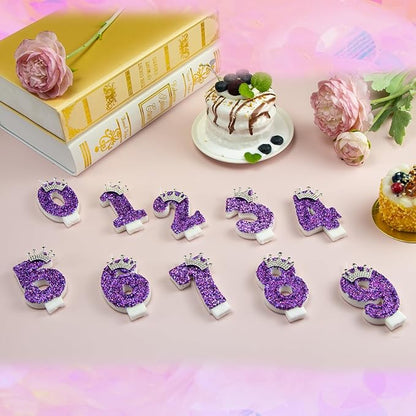 Birthday Number Candles,Purple Crown Birthday Candles for Cake,Glitter Number 0 Candle Cake Topper with Sequins for Anniversary Celebrations Supplies (Number 0)