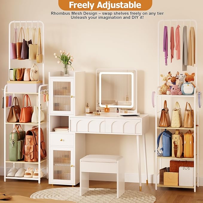 Tall Purse Organizer Stand with 3-Tier Thick Wood + 1-Tier High-Density Mesh, Adjustable Interchangeable, Slim Narrow Freestanding Handbag Rack with 5 Large & 6 Side Hooks, Closet Bag Storage White