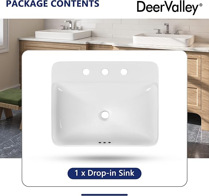 DeerValley 24x19 Inch Rectangular Drop-in Bathroom Sink, White Semi Recessed Vessel Sink with Overflow and Three Faucet Holes, Ceramic Vanity Basin, DV-1DS0121