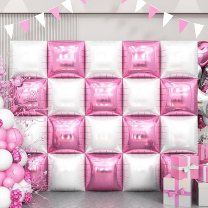 Pink and White Square Balloon, 20 PCS Double Sided Foil Balloons Wall Flat Square Balloon Backdrop for Girls Coquette Birthday Decoration Bridal Baby Shower Party Decoration
