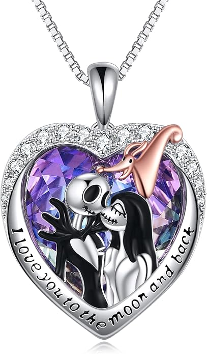 LILALO Christmas Gifts Nightmare Necklace Sterling Silver Abalone Shell Crystal Jack and Sally Necklace Jack Skellington Skull Jewelry Skull Necklaces for Women