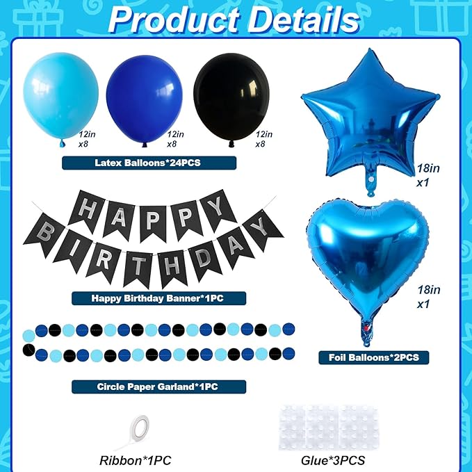 Blue and Black Birthday Party Decorations for Boys Men Royal Blue Black Balloon Set with Star Heart Foil Balloons Happy Birthday Bunting Banner Garland Navy Dark Light Baby Game Theme Party Decor Kit