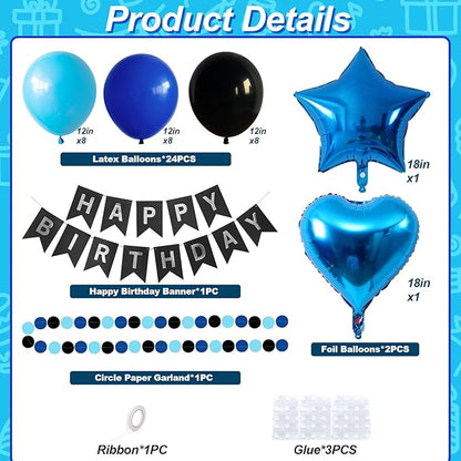 Blue and Black Birthday Party Decorations for Boys Men Royal Blue Black Balloon Set with Star Heart Foil Balloons Happy Birthday Bunting Banner Garland Navy Dark Light Baby Game Theme Party Decor Kit