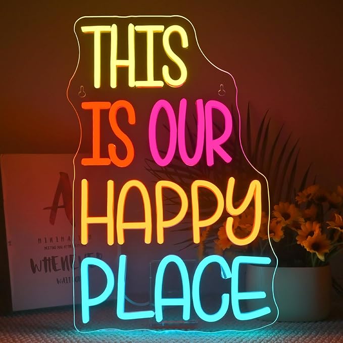 NOSUN This is Our Happy Place Neon Sign for Wall Decor Colorful Letter Neon Light Cheerful LED Neon Signs with USB for Gym Classroom Bedroom Children's Playground Bar