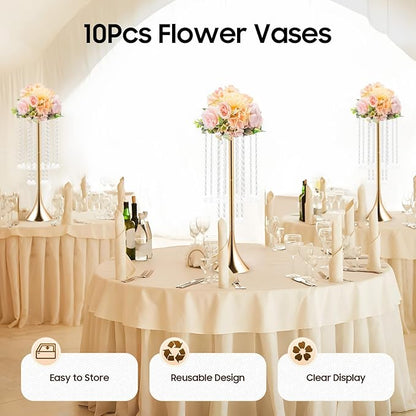Wedding Centerpieces Gold Vases,10PCS Metal Flower Candle Holder with Sparkling Crystal Beads,Crystal Flower Vase Metal Flowers Stand for Party Tables Decorations (Gold 10PCS Height 21.9in)