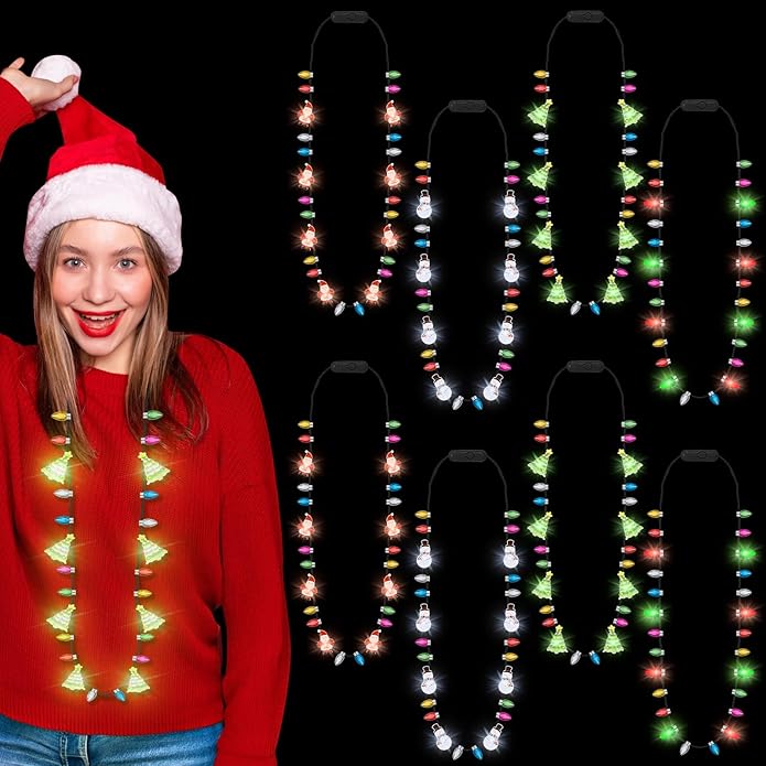 Christmas Neckalce Light up, 8 Lighting Bulbs Light Christmas Neckalce Bulk with 3 Glow Styles, Snowman Strawberry Santa Tree Neckalces for Xmas Party Decorations Favors