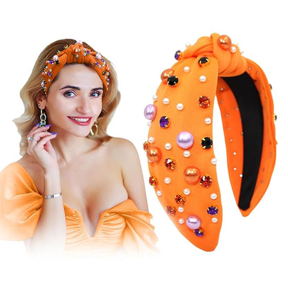 Festive Headbands for Women, Beaded Pearl Rhinestone Crystal Jeweled Hairband, Holiday Headbands for Women, Pearl Hair Accessory, Fashion Elegant Ladies Wide Top Knot Hair Bands. (Orange, Medium)