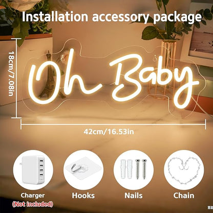 Oh Baby Neon Sign for Backdrop, 16.5”x 6.9” Dimmable Led Light up Sign for Baby Shower - Gender Reveal Birthday Party Decorations - Warm White