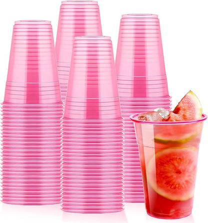Haawooky 100 Pcs 16 oz Disposable Pink Plastic Cups,Neon Glowing Plastic Party Cups,Bulk Pink Clear Wine Glasses for Valentines Birthday Wedding Bachelorette Party