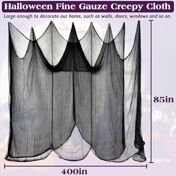 Halatool 85 X 400 in Halloween Creepy Cloth, Black Spooky Cheesecloth Scary Hanging Gauze Decor for Halloween Party Supplies Haunted Houses Windows Doorways Indoors & Outdoors