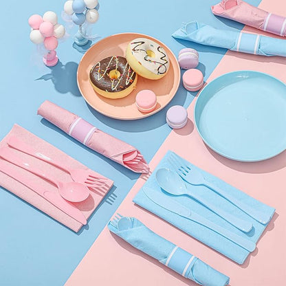 Lasnten 200 Pcs Pre-rolled Light Pink and Blue Plastic Silverware Set for 50 Guest Baby Gender Reveal Party Supplies Include Napkins Knives Spoons and Forks for Baby Shower (Light Pink and Blue)