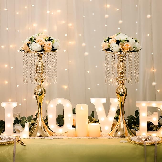 Wedding Centerpieces for Tables - Gold Flower Vases for Centerpieces, 2Pcs Tall Metal Flower Vases with Chandelier Crystal, 21.3in Flower Stand for Wedding Reception Birthday Party Events Home Decor