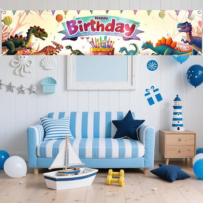 Nuxovilar Happy Birthday Banner Decorations 17.72x78.74 Inch Dinosaur Theme - Polyester for Indoor Outdoor Birthday Party Decor