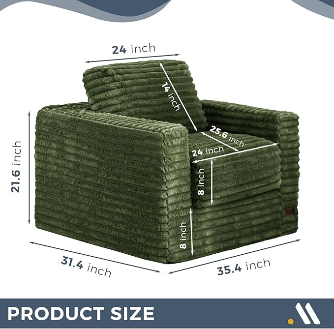 MAXYOYO Giant Bean Bag Chair for Adults, Upholstered Floor Sofa with Pillows and Armrests, Large Bean Bag Sofa Plush Chair Bean Bag Couch for Bedroom Living Room, Green