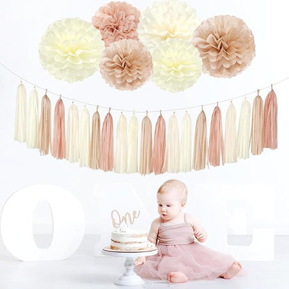 Champagne-Gold Beige Boho Baby-Shower Party-Decorations - 23pcs Fall Rustic Neutral Bridal Wedding Paper Tissue Pom Poms Streamers,Retro Tassel Garland,Girl Birthday Banner Decor Lasting Surprise