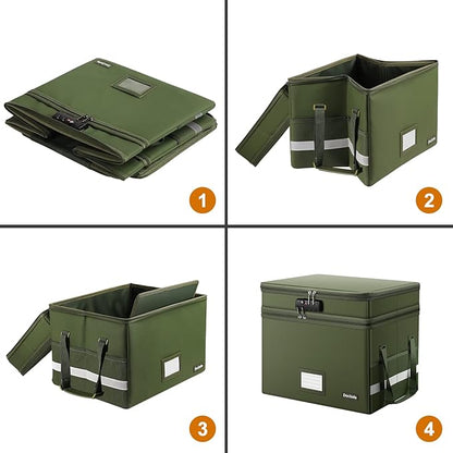 DocSafe File Box with Lock,Multi-Layer Fireproof Document Box Collapsible File Storage Organizer with Pockets/Handle,Portable Home Office Filing Cabinet for Hanging Letter/Legal Size Folders,Green