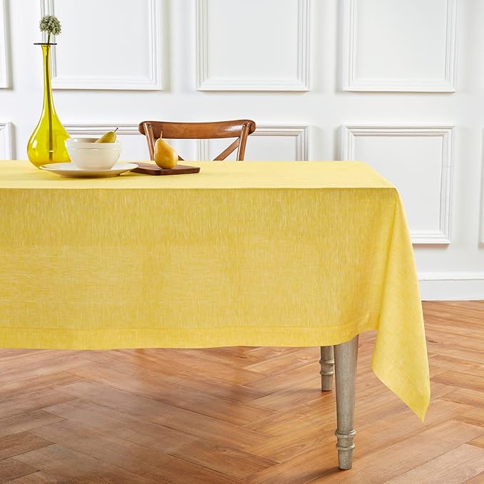 Solino Home Linen Tablecloth 60 x 120 Inch - 100% Pure Linen Chambray Lemon Yellow Table Cloth for Rectangular Tables - Athena, Machine Washable Cloth Tablecloth