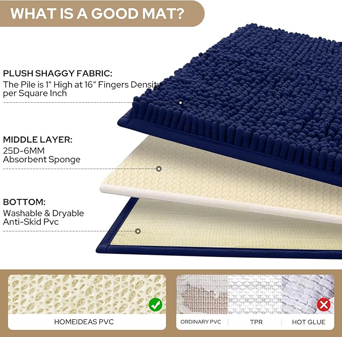 HOMEIDEAS 3 Pieces Bathroom Rugs, Extra Large Ultra Soft Non Slip Absorbent Chenille Toilet Bath Mat Set (Navy Blue)