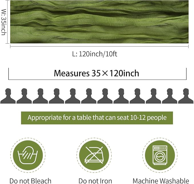 10 Packs Olive Green Cheese Cloth Table Runners, 10FT Boho Gauze Moss Green Cheesecloth Table Runner for Wedding Bridal Baby Shower Fall Thanksgiving Christmas Table Decoration