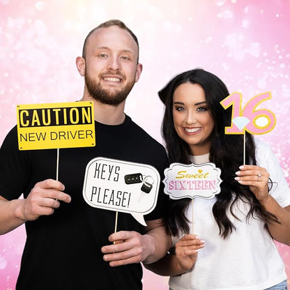 Sweet 16 Photo Booth Props - 41-pc Selfie Props with 8 x 10-Inch Sign, 60 Adhesive Pads, 45 Sticks - Sweet 16 Accessories - Photo Booth for Sweet 16-16th Birthday Photo Booth Props