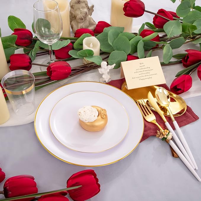 LIYH 180 Pcs White and Gold Plastic Plates Disposable - Dinnerware Set, Gold Plastic Silverware, Disposable Heavyduty Plates for Parties, Birthdays, Wedding 30Guests