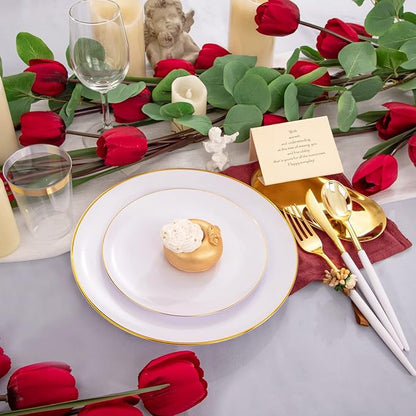 LIYH 180 Pcs White and Gold Plastic Plates Disposable - Dinnerware Set, Gold Plastic Silverware, Disposable Heavyduty Plates for Parties, Birthdays, Wedding 30Guests