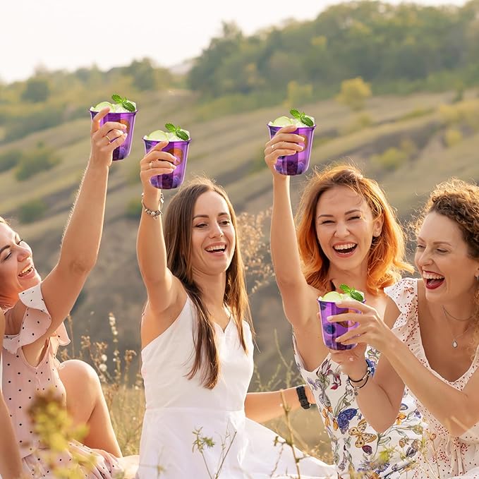 50pcs 12oz Disposable Stemless Glasses,PET Disposable Drinking Cups,Cold Party Clear Plastic Wine Glasses for Parties Birthday,Wedding,Meeting,Christmas Party Supplies. (Purple)