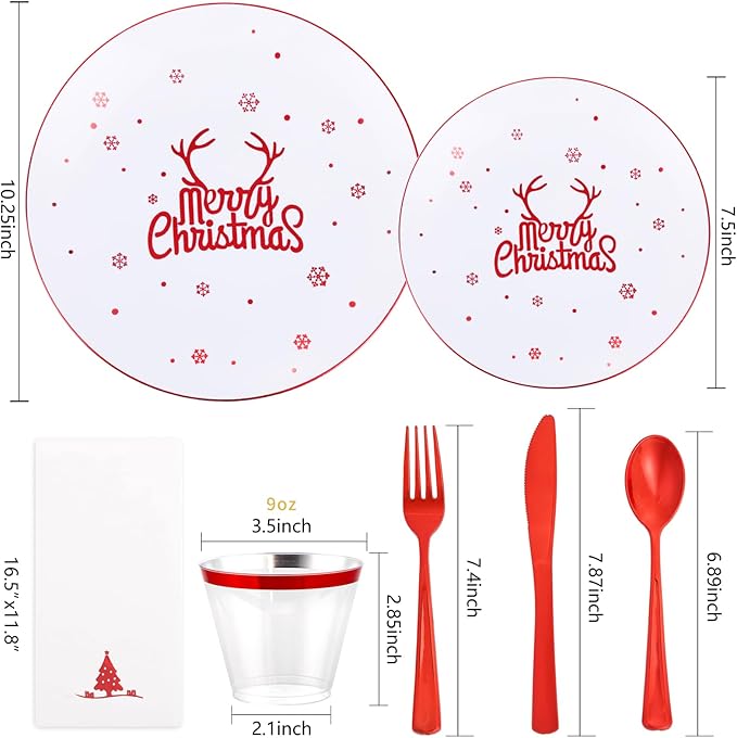 Nervure 175PCS Christmas Plastic Plates - White and Red Disposable Plates & Red Plastic Silverware include 50 Plates 25Knives 25Forks 25Spoons 25Napkins for Christmas Party